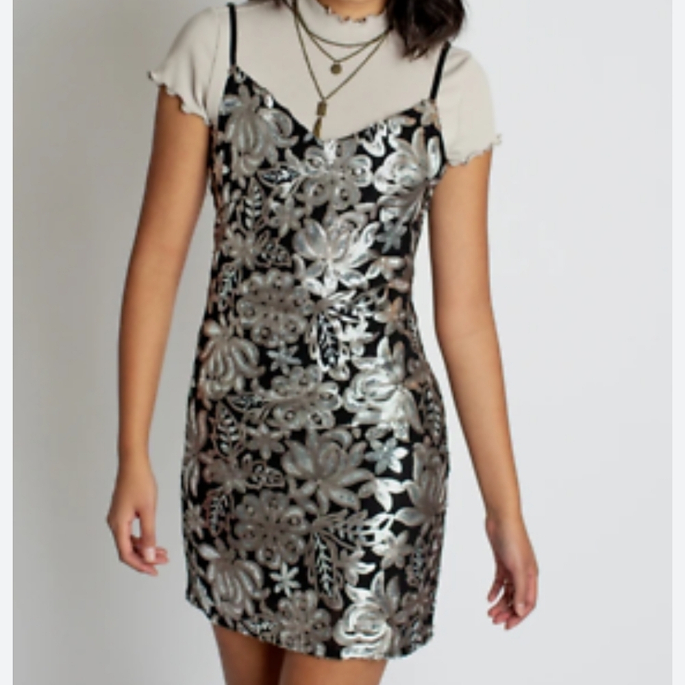 Joyfolie Vesper Silver Sequin Black Slip Dress NWT Sz Small